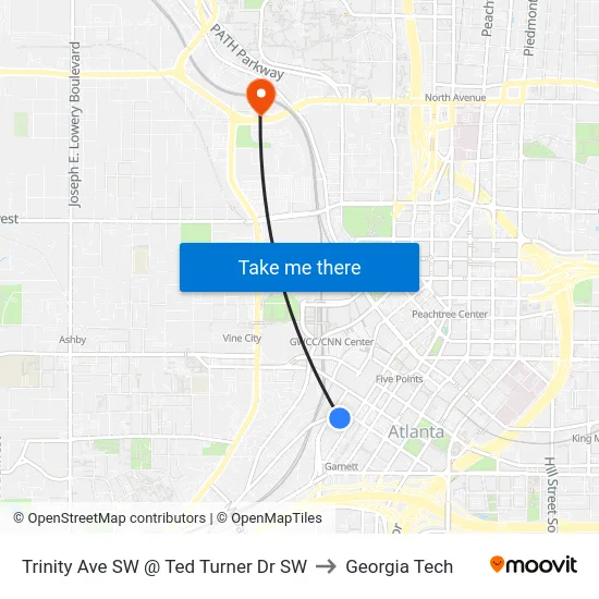 Trinity Ave SW @ Ted Turner Dr SW to Georgia Tech map