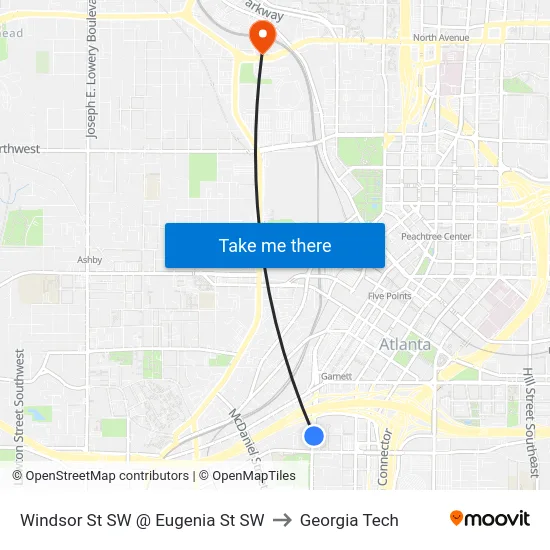 Windsor St SW @ Eugenia St SW to Georgia Tech map