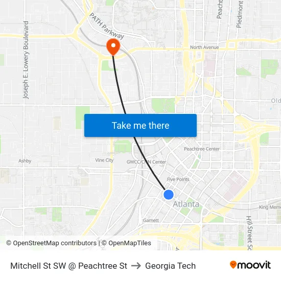 Mitchell St SW @ Peachtree St to Georgia Tech map