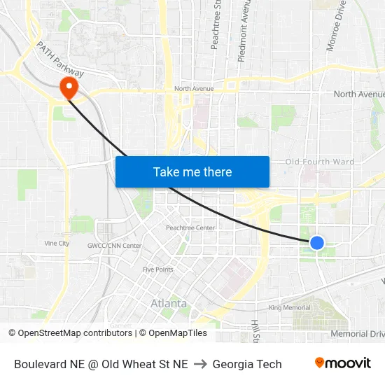 Boulevard NE @ Old Wheat St NE to Georgia Tech map