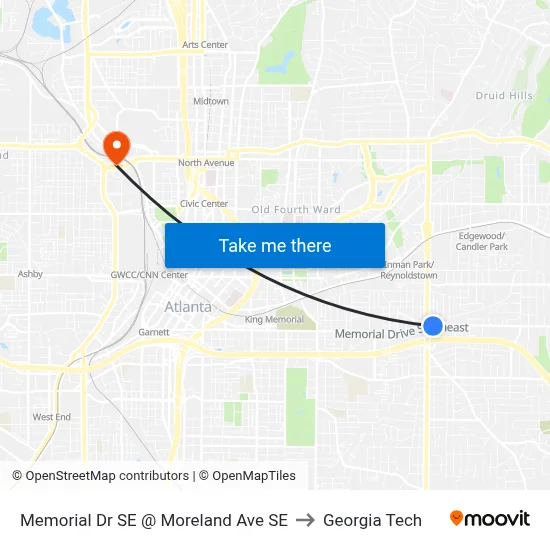 Memorial Dr SE @ Moreland Ave SE to Georgia Tech map