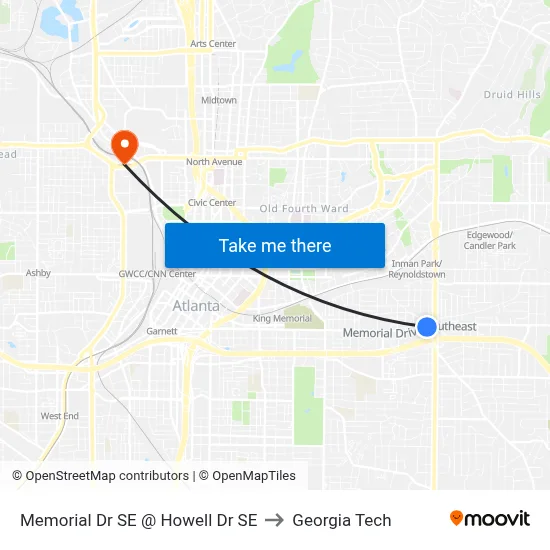 Memorial Dr SE @ Howell Dr SE to Georgia Tech map