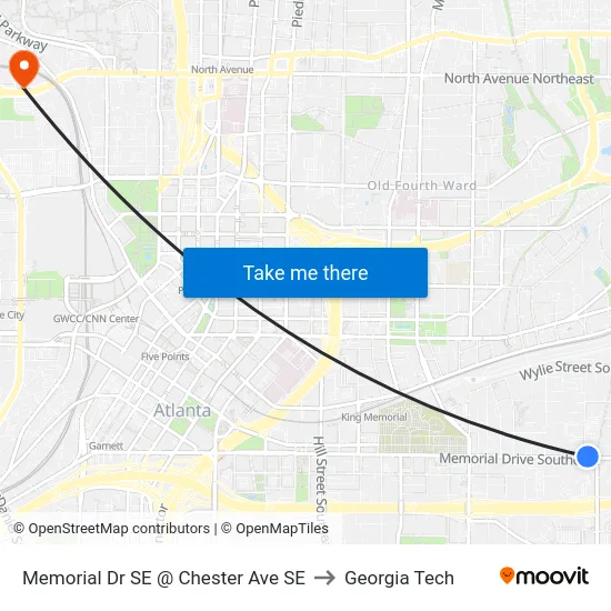 Memorial Dr SE @ Chester Ave SE to Georgia Tech map