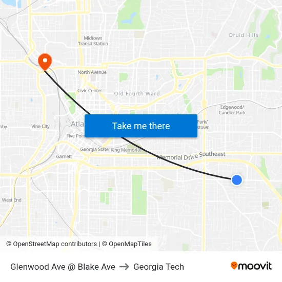 Glenwood Ave @ Blake Ave to Georgia Tech map