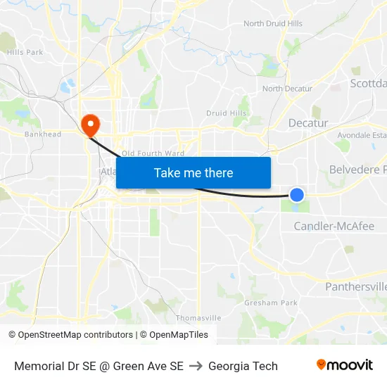 Memorial Dr SE @ Green Ave SE to Georgia Tech map