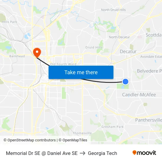 Memorial Dr SE @ Daniel Ave SE to Georgia Tech map