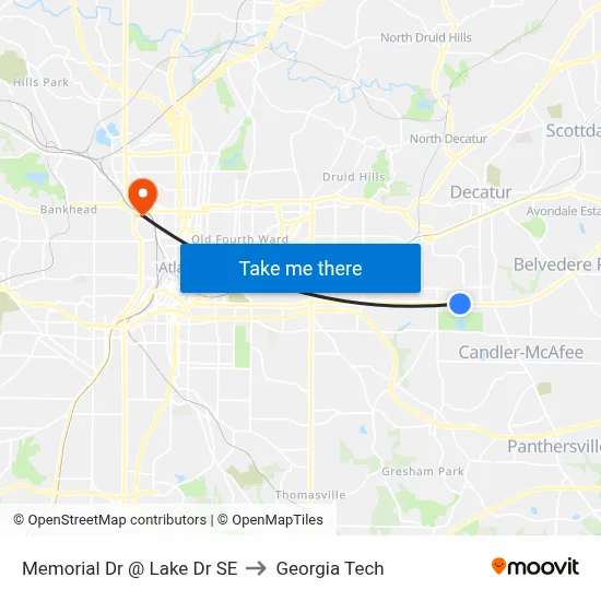 Memorial Dr @ Lake Dr SE to Georgia Tech map