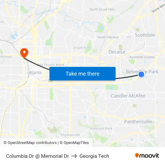 Columbia Dr @ Memorial Dr to Georgia Tech map