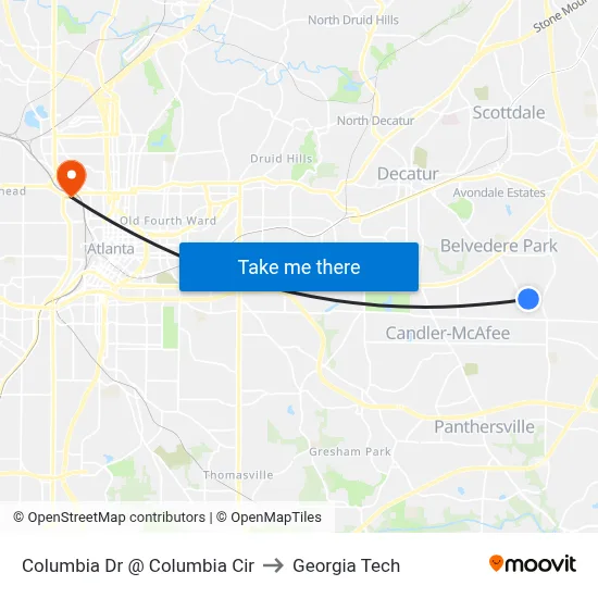 Columbia Dr @ Columbia Cir to Georgia Tech map