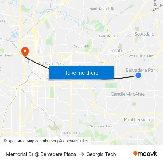 Memorial Dr @ Belvedere Plaza to Georgia Tech map