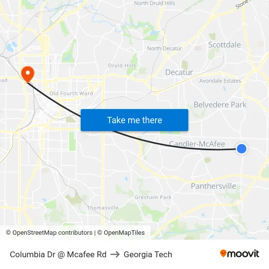 Columbia Dr @ Mcafee Rd to Georgia Tech map
