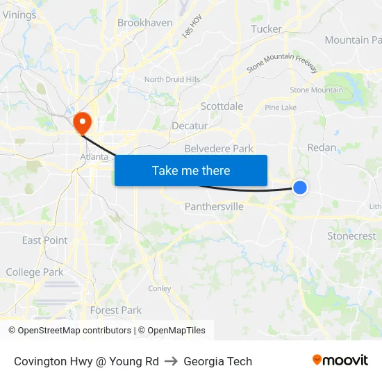 Covington Hwy @ Young Rd to Georgia Tech map