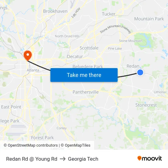 Redan Rd @ Young Rd to Georgia Tech map