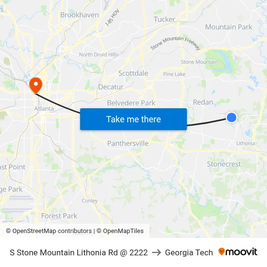 S Stone Mountain Lithonia Rd @ 2222 to Georgia Tech map