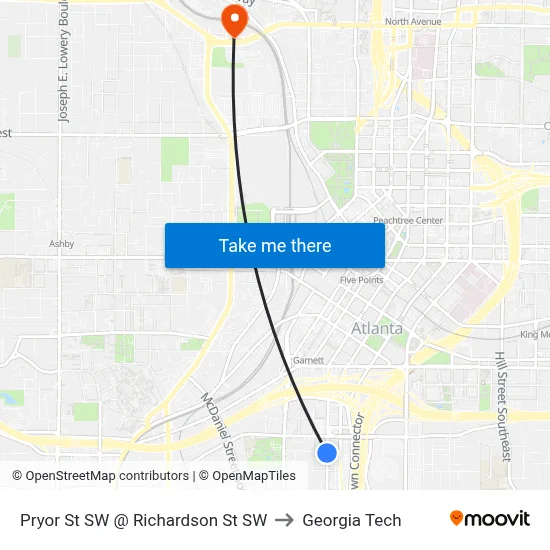 Pryor St SW @ Richardson St SW to Georgia Tech map