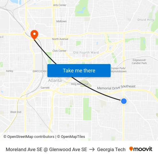 Moreland Ave SE @ Glenwood Ave SE to Georgia Tech map