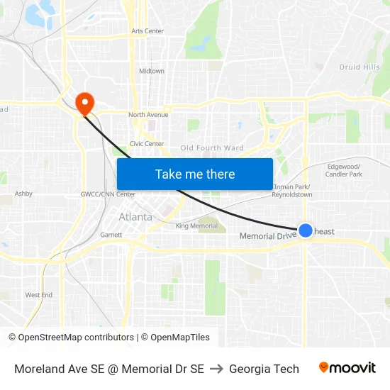 Moreland Ave SE @ Memorial Dr SE to Georgia Tech map