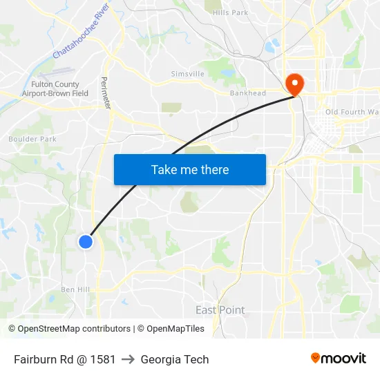 Fairburn Rd @ 1581 to Georgia Tech map