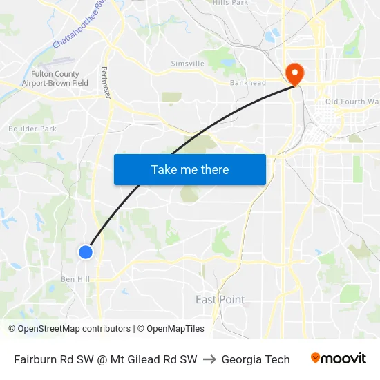 Fairburn Rd SW @ Mt Gilead Rd SW to Georgia Tech map