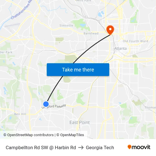 Campbellton Rd SW @ Harbin Rd to Georgia Tech map