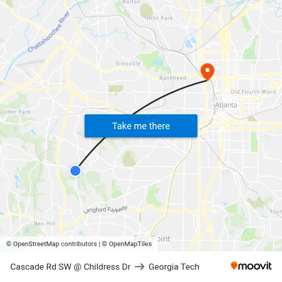 Cascade Rd SW @ Childress Dr to Georgia Tech map