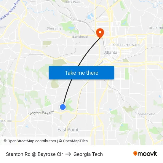 Stanton Rd @ Bayrose Cir to Georgia Tech map
