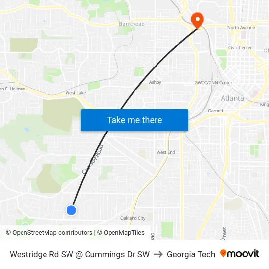 Westridge Rd SW @ Cummings Dr SW to Georgia Tech map