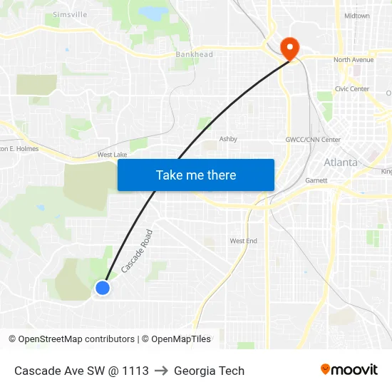 Cascade Ave SW @ 1113 to Georgia Tech map