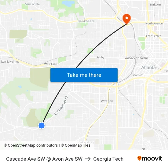 Cascade Ave SW @ Avon Ave SW to Georgia Tech map