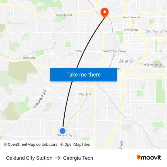 Oakland City Station to Georgia Tech map