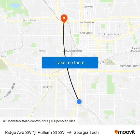 Ridge Ave SW @ Pulliam St SW to Georgia Tech map