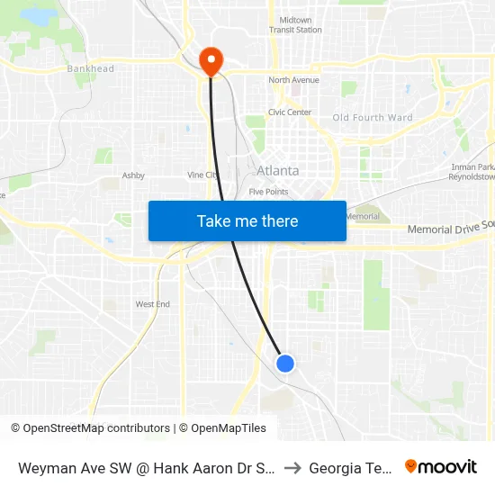Weyman Ave SW @ Hank Aaron Dr SW to Georgia Tech map