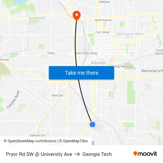 Pryor Rd SW @ University Ave to Georgia Tech map