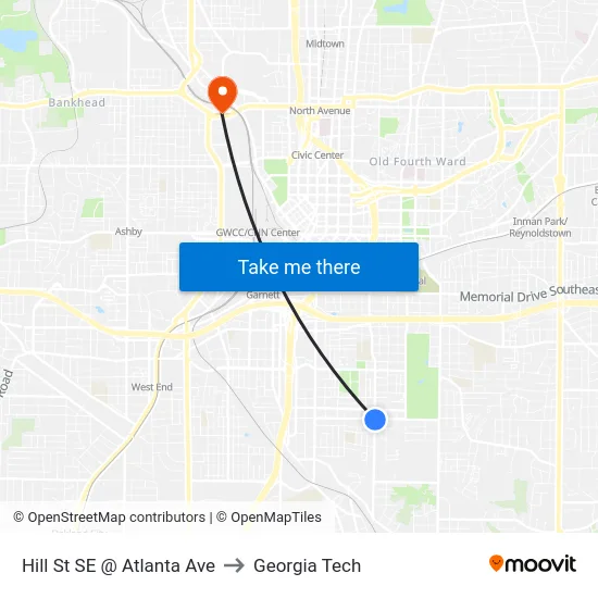 Hill St SE @ Atlanta Ave to Georgia Tech map