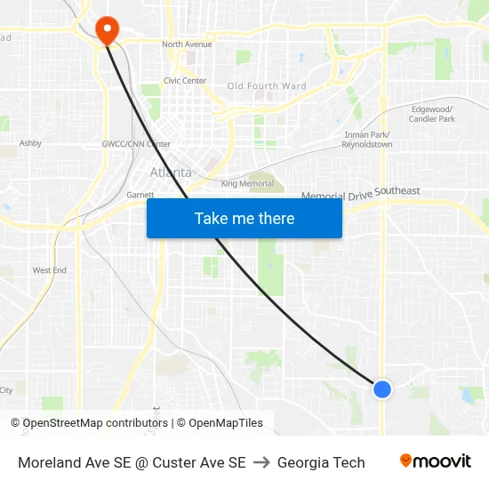 Moreland Ave SE @ Custer Ave SE to Georgia Tech map