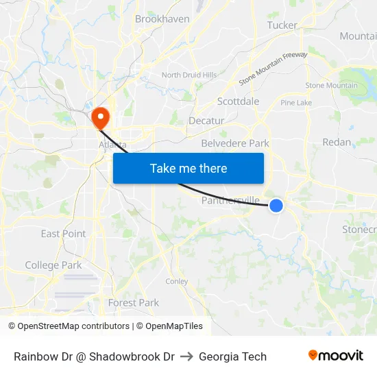 Rainbow Dr @ Shadowbrook Dr to Georgia Tech map