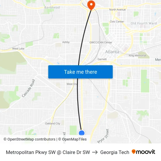 Metropolitan Pkwy SW @ Claire Dr SW to Georgia Tech map