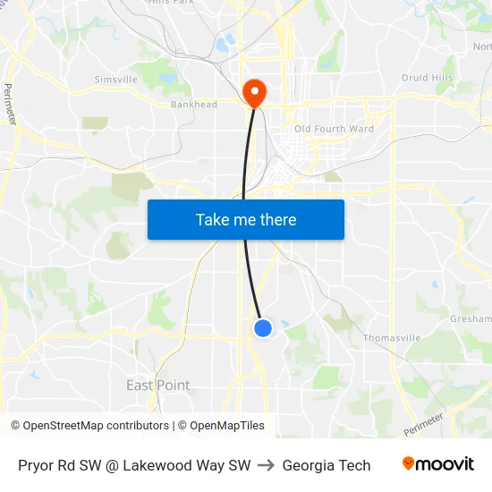 Pryor Rd SW @ Lakewood Way SW to Georgia Tech map