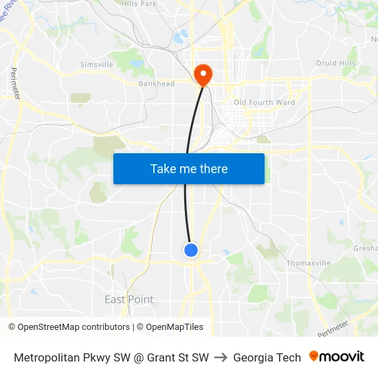 Metropolitan Pkwy SW @ Grant St SW to Georgia Tech map
