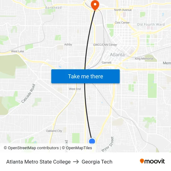 Atlanta Metro State College to Georgia Tech map