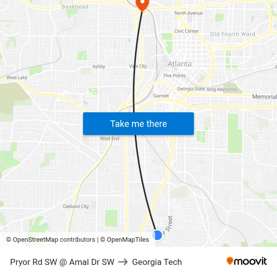Pryor Rd SW @ Amal Dr SW to Georgia Tech map