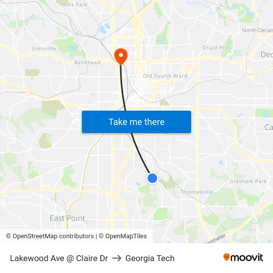 Lakewood Ave @ Claire Dr to Georgia Tech map