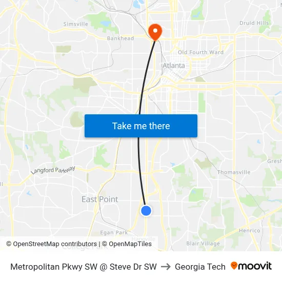 Metropolitan Pkwy SW @ Steve Dr SW to Georgia Tech map