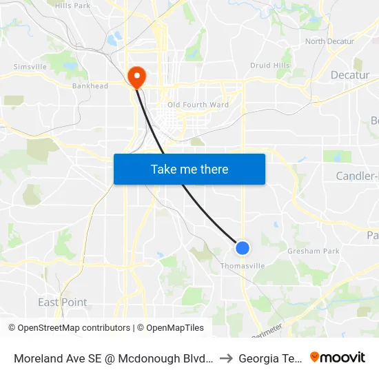 Moreland Ave SE @ Mcdonough Blvd SE to Georgia Tech map