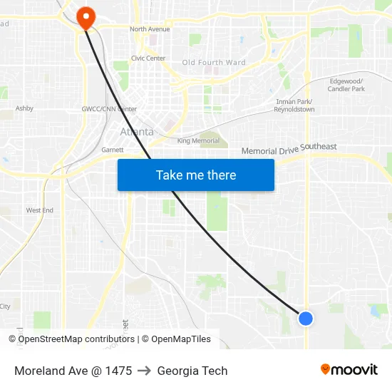Moreland Ave @ 1475 to Georgia Tech map