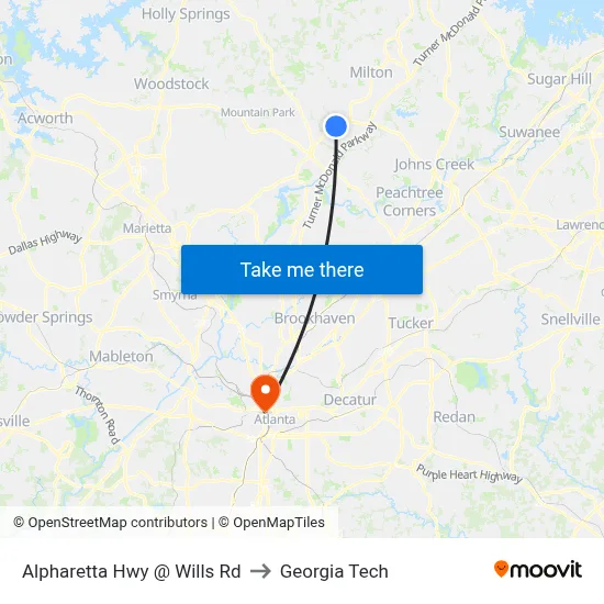 Alpharetta Hwy @ Wills Rd to Georgia Tech map