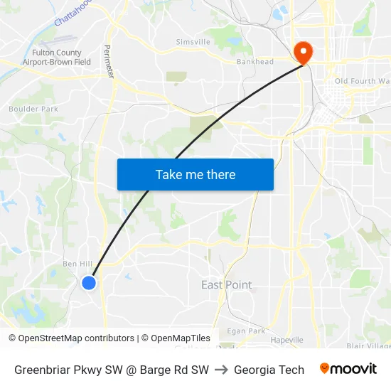 Greenbriar Pkwy SW @ Barge Rd SW to Georgia Tech map