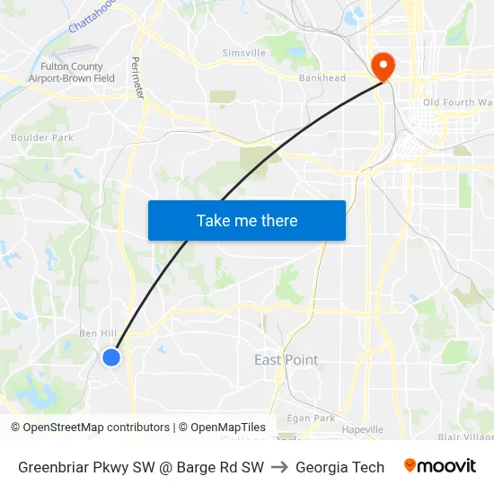 Greenbriar Pkwy SW @ Barge Rd SW to Georgia Tech map