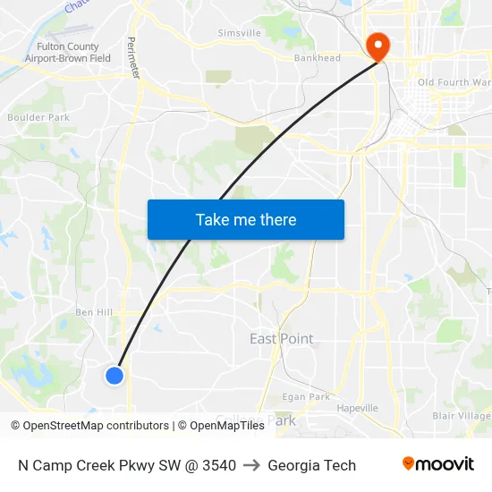 N Camp Creek Pkwy SW @ 3540 to Georgia Tech map