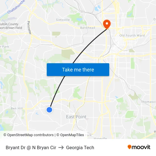 Bryant Dr @ N Bryan Cir to Georgia Tech map